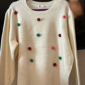 89th & Madison Cream Petite Sweater with Colorful Pom Pom Accents